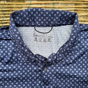 Cotton & Co Navy Blue Palm‎ Tree Print Golf Polo Shirt Men's Size Large